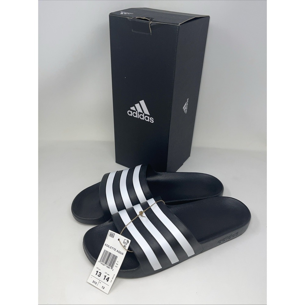 Adidas Men's Size 13 Women 14 Slides Black White 3 Stripes Adilette Aqua Slip On